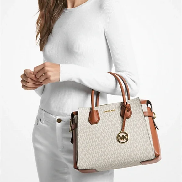 MICHAEL KORSMercer Medium Logo and Leather Belted Satchel CrossbodyVanillaNWT